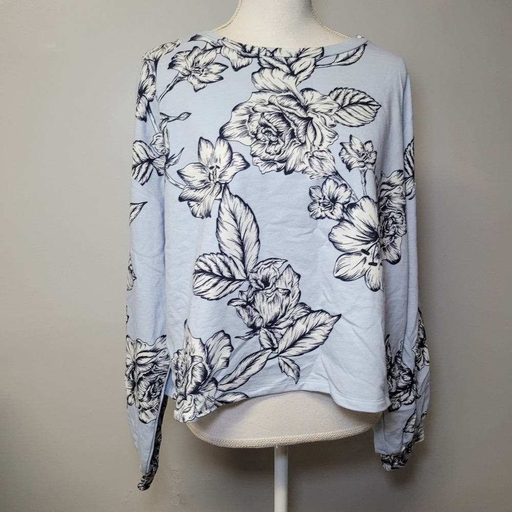 Candies Womens XXL Blue Floral Long Sleeve Crop Sweatshirt Pullover‎ Top